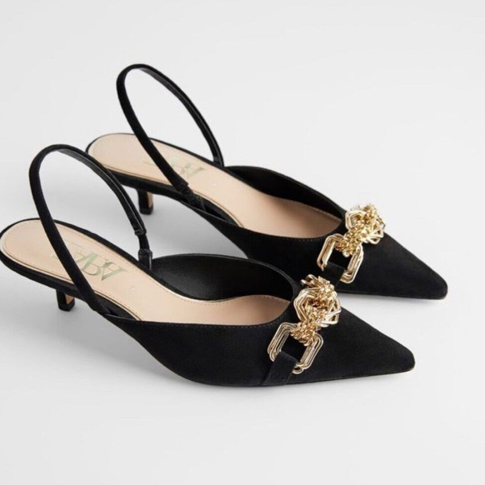 37 EU Zara Pointy Toe Slingback Kitten Heels